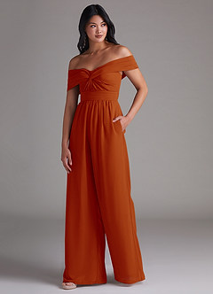Azazie Lamara Bridesmaid Dresses Paprika Off the Shoulder Chiffon Convertible Jumpsuit image4