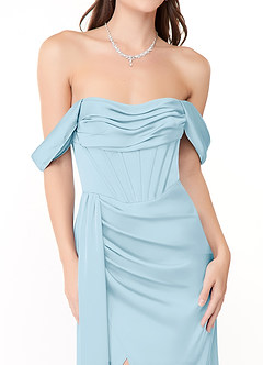 Azazie Amyra Bridesmaid Dresses Sky Blue Sheath Off the Shoulder Stretch Satin Convertible Dress image8