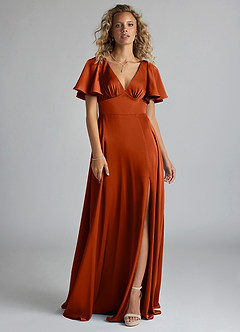 Azazie Kimber Bridesmaid Dresses Paprika A-Line Ruched Stretch Satin Dress image3