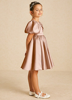 Azazie Muffin Flower Girl Dresses Champagne Rose A-Line with Sleeves Matte Satin Dress image3