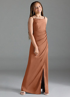 Azazie Leonis Junior Vestido Bronzeador de Cetim elástico de Linha A com Plissado image3