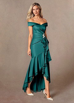 Azazie Billings Mother of the Bride Dresses Peacock Mermaid Off the Shoulder Stretch Satin Dress image6
