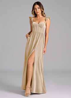 Azazie Denisse Bridesmaid Dresses Champagne A-Line Ruched Velvet Dress image1