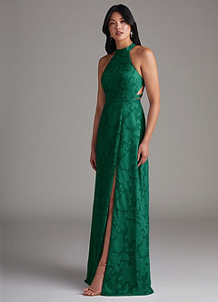 Azazie Clarice Bridesmaid Dresses Emerald A-Line Side Slit Floral Burnout Dress image3