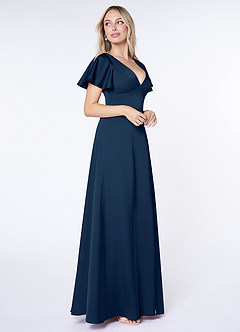 Azazie Lani Vestidos de damas de honor Vestido de Azul Marino Oscuro de Satén Elástico de Corte en A con Manga volante image4