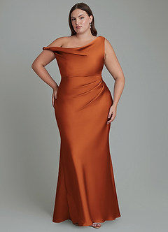 Azazie Emerson Bridesmaid Dresses Cinnamon Mermaid Off the Shoulder Stretch Satin Dress image8