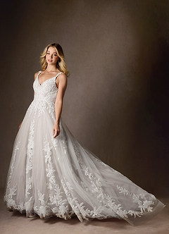 Azazie Delaina Vestidos de novia Vestido de Blanco Diamante Moca de Tul de Corte en A con Lentejuelas cuello pico image6
