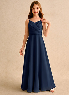 Azazie Umina Girls Formal Flower Girl Dresses Dark Navy A-Line Pleated Matte Satin Dress image1