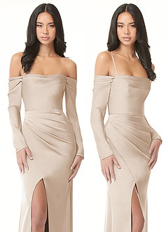 Azazie Hallie Bridesmaid Dresses White Alabaster Sheath Off-The-Shoulder Long Sleeve Stretch Satin Convertible Dress image9