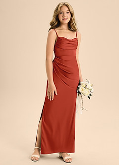 Azazie Mai Junior Robe Trapèze en Satin extensible Encolure en Forme de Cœur Rouille image3
