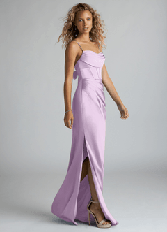 Azazie Mai Bridesmaid Dresses Frosted Lilac Sheath Pleated Stretch Satin Dress image4