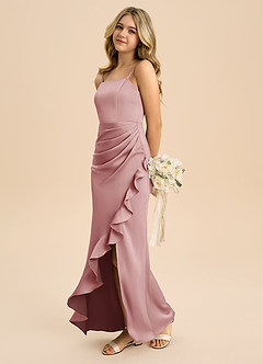 Azazie Buzzy Junior Dusty Rose Sheath Pleated Stretch Satin Dress image6