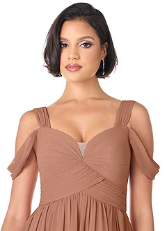 Azazie Lianne Robes de demoiselle d'honneur Robe Trapèze en Mousseline de soie Épaule décolletée Bronze image5