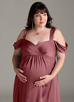 Azazie Rhea Maternity Bridesmaid Dresses A-Line Off-The-Shouler Pleated Stretch Satin Floor-Length Dress image12