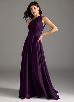 Azazie Charlize Robes de demoiselle d'honneur Robe Trapèze en Satin extensible Ue épaule Grain De Raisin image4