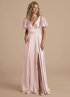 Azazie Kimber Bridesmaid Dresses Blushing Pink A-Line Ruched Metallic Satin Dress image5