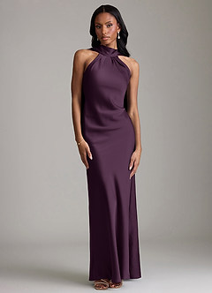 Azazie Cassiana Jurken voor bruidsmeisjes Jurk van Stretch Satijn met Zeemeermin Geplooid Pruim image1