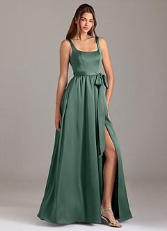 Azazie Elliott Bridesmaid Dresses Eucalyptus A-Line with Pockets Stretch Satin Dress image1
