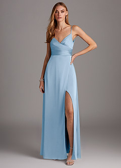Azazie Calissa Final Sale Agave A-Line V-Neck Pleated Stretch Satin Dress image1