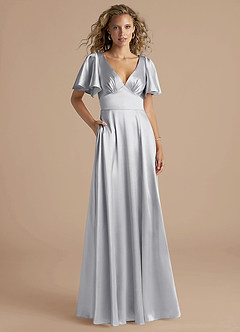 Azazie Kimber Bridesmaid Dresses Silver A-Line Ruched Metallic Satin Dress image1