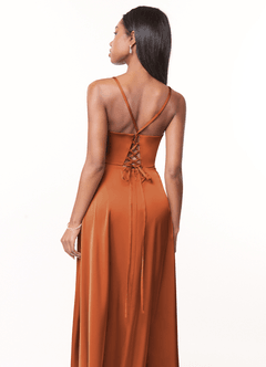 Azazie Maksim Bridesmaid Dresses Cinnamon A-Line V-Neck Stretch Satin Dress image3