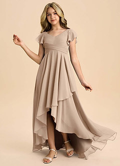 Azazie Caria Junior Taupe A-Line Pleated Chiffon Dress image1