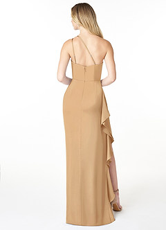 Azazie Latrice Bridesmaid Dresses Gold Sheath One Shoulder Cascading Ruffles Stretch Satin Dress image2