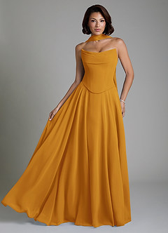 Azazie Ira Robes de demoiselle d'honneur Robe Trapèze en Mousseline de soie Corset Caramel écossais image1