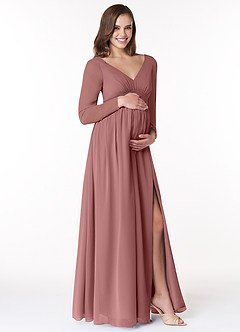 Azazie Teton Robes de demoiselle d'honneur de maternité Robe Trapèze Manche longue Longueur ras du sol Mousseline de soie image4