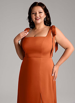 Azazie Frostine Vestidos de damas de honor Vestido de Naranja Quemada de Satén Elástico de Corte en A con Lazo image10