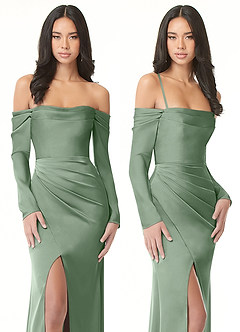 Azazie Hallie Bridesmaid Dresses Matcha Sheath Off-The-Shoulder Long Sleeve Stretch Satin Convertible Dress image9