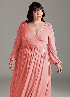 Azazie Norah Bridesmaid Dresses Coral A-Line V-Neck Long Sleeve Chiffon Dress image12