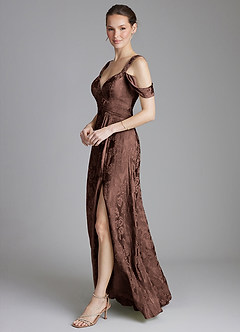 Azazie Emoria Bridesmaid Dresses Chocolate Jacquard A-Line Off the Shoulder Jacquard Dress image7