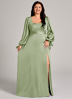 Azazie Leonia Robes de demoiselle d'honneur Robe Trapèze en Satin extensible Manche longue Vert Sauge image11