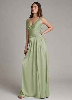 Azazie Pauline Final Sale Dusty Sage A-Line Pleated Stretch Satin Dress image7