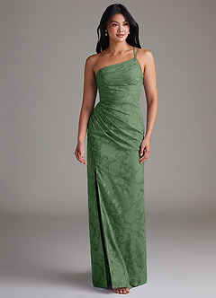 Azazie Eren Bridesmaid Dresses Eucalyptus Sheath One Shoulder Floral Burnout Dress image4