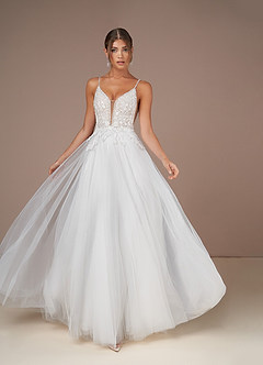 Azazie Celandine Vestidos de novia Vestido de Blanco Diamante Champán de Tul de Corte en A con Lentejuelas Cuello V image2