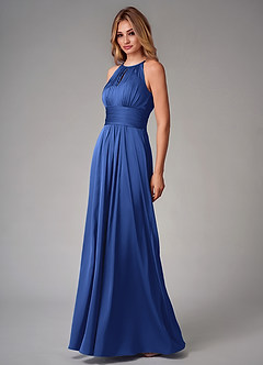 Azazie Bonnie Vestidos de damas de honor Vestido de Azul Real de Satén Elástico de Corte en A con Plisado image3