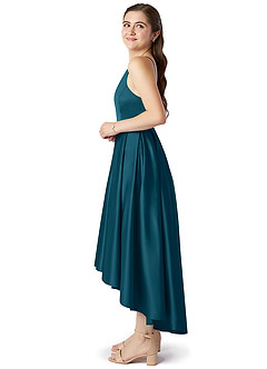 Azazie Jemima Junior Ink Blue A-Line with Pockets Stretch Satin Dress image3