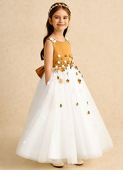 Azazie Eleni Blumenmädchenkleider Ballkleid Schleifen Tüll Kleid Elfenbein Butterscotch image3