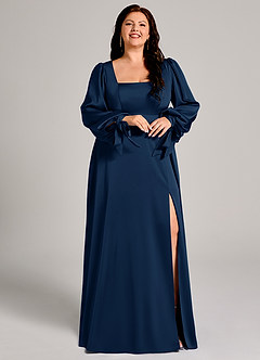 Azazie Leonia Bridesmaid Dresses Dark Navy A-Line Long Sleeve Stretch Satin Dress image12