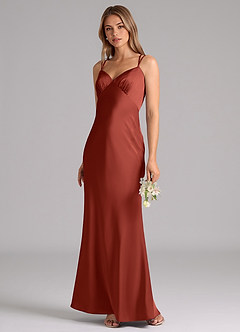 Azazie Suttona Bridesmaid Dresses Terracotta A-Line Pleated Stretch Satin Dress image4