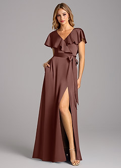 Azazie Lainey Robes de demoiselle d'honneur Robe Trapèze en Satin extensible avec poches Expresso image3