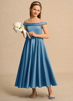 Azazie Teeny Girls Formal Sukienki dla dziewczynek sypiących kwiaty Linia A Pofałdowany Matowy satynowy Długość kostki Sukienka image4