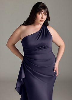 Azazie Latrice Bridesmaid Dresses Stormy Sheath One Shoulder Cascading Ruffles Stretch Satin Dress image10