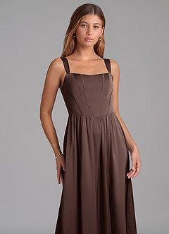 Azazie Rosaline Robes de demoiselle d'honneur Robe Trapèze en Satin extensible Fente Latérale Ganache image6