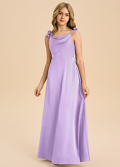 Azazie Gumdrop Junior 엠파이어 주름진 스트레치 새틴 플로어 길이 주니어 신부 들러리 드레스 image3