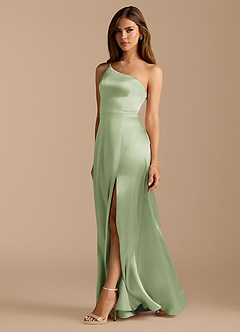 Azazie Trina Brautjungfernkleider A-Linie One-Shoulder Metallischer Satin Kleid Staubiger Salbeigrün image1