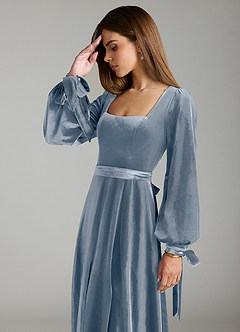 Azazie Leonia Bridesmaid Dresses Dusty Blue A-Line Long Sleeve Velvet Dress image6