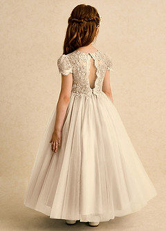 Azazie Puff Flower Girl Dresses Champagne Ball-Gown Lace Tulle Dress image7